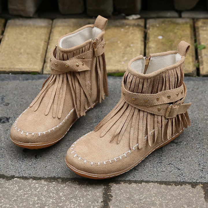 Women's Boho Fringed Studded Ankle Heeled Boots Flat Moccasin