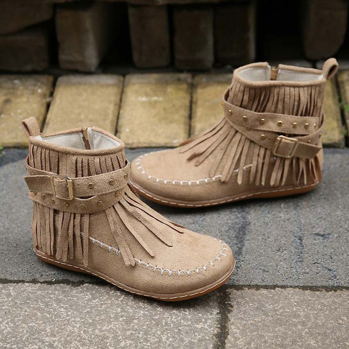 Women's Boho Fringed Studded Ankle Heeled Boots Flat Moccasin