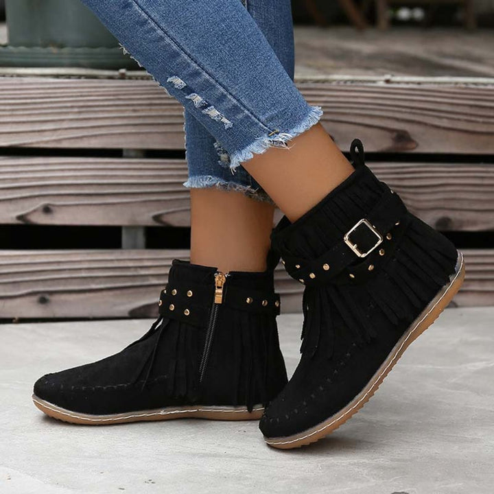 Women's Boho Fringed Studded Ankle Heeled Boots Flat Moccasin