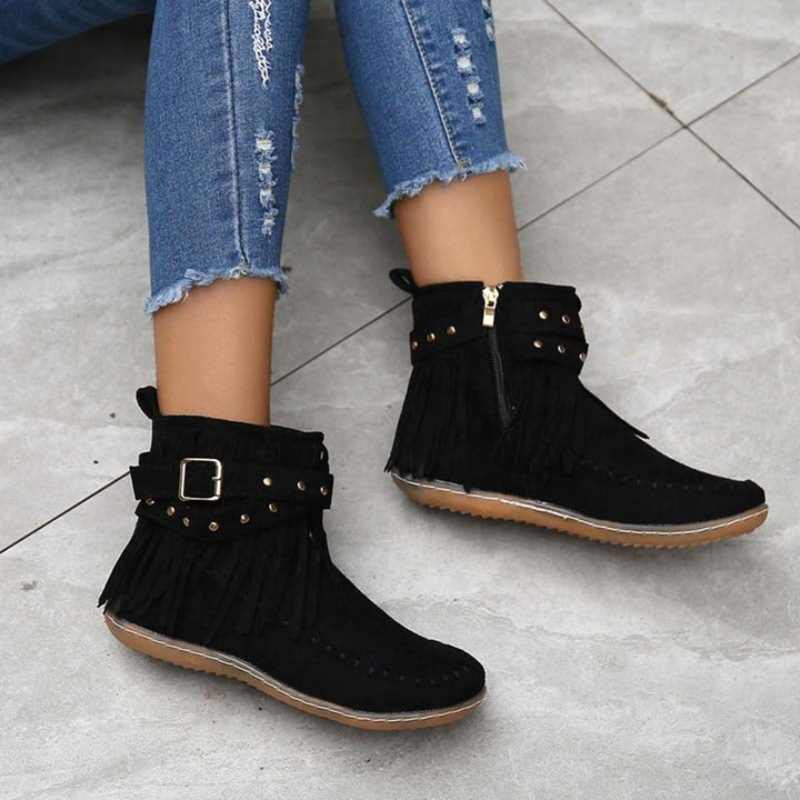 Women's Boho Fringed Studded Ankle Heeled Boots Flat Moccasin