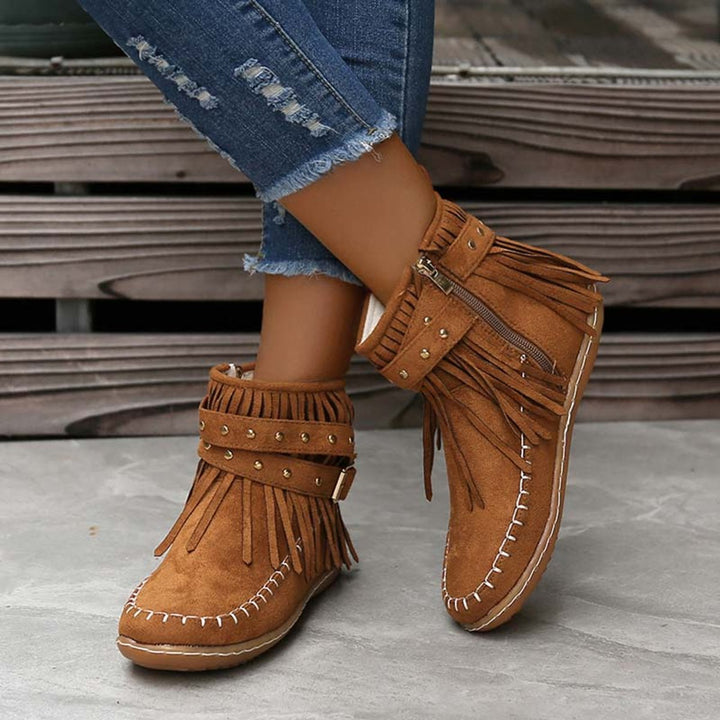 Women's Boho Fringed Studded Ankle Heeled Boots Flat Moccasin