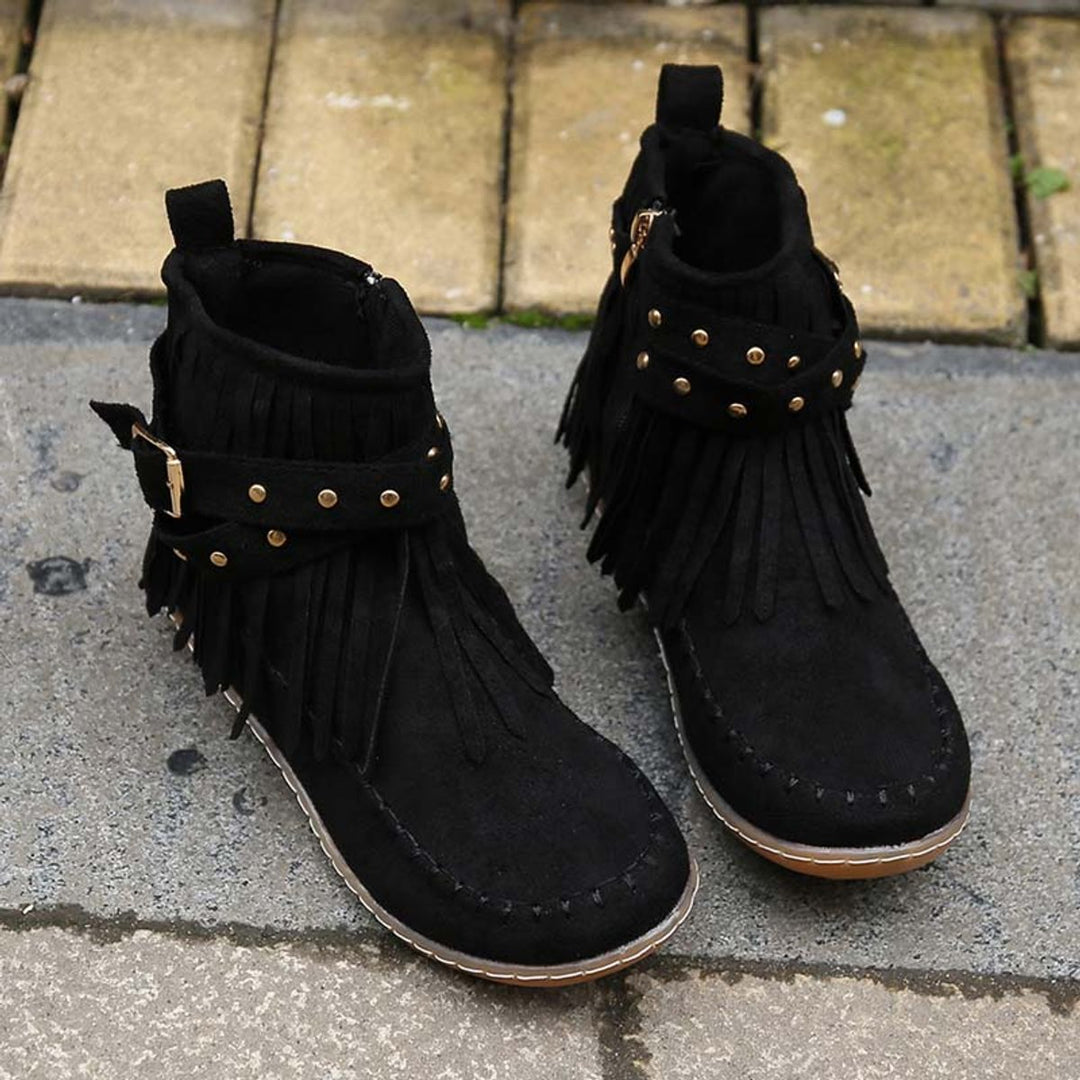 Women's Boho Fringed Studded Ankle Heeled Boots Flat Moccasin