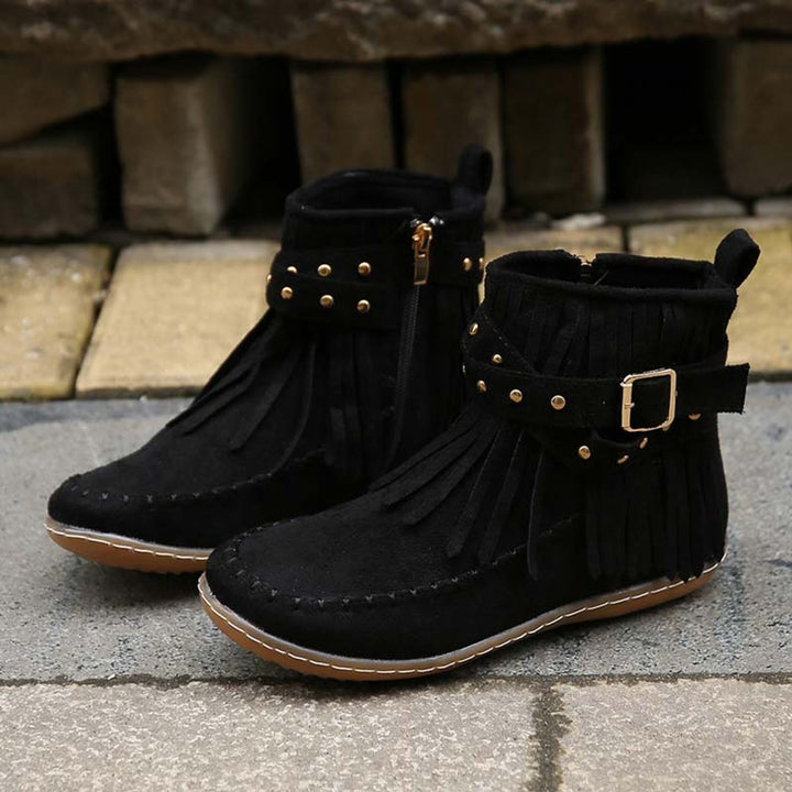 Women's Boho Fringed Studded Ankle Heeled Boots Flat Moccasin