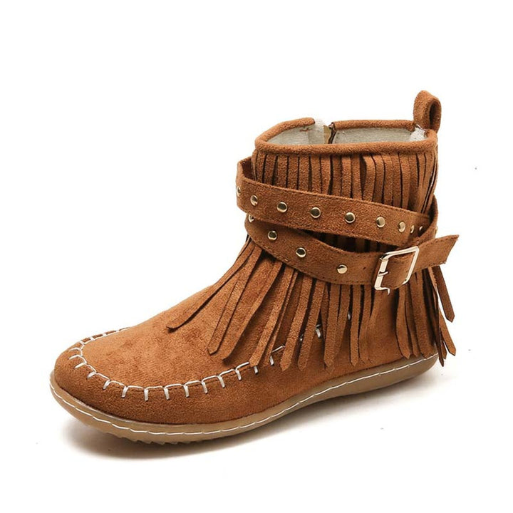 Women's Boho Fringed Studded Ankle Heeled Boots Flat Moccasin
