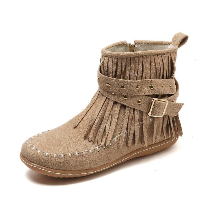 Women's Boho Fringed Studded Ankle Heeled Boots Flat Moccasin