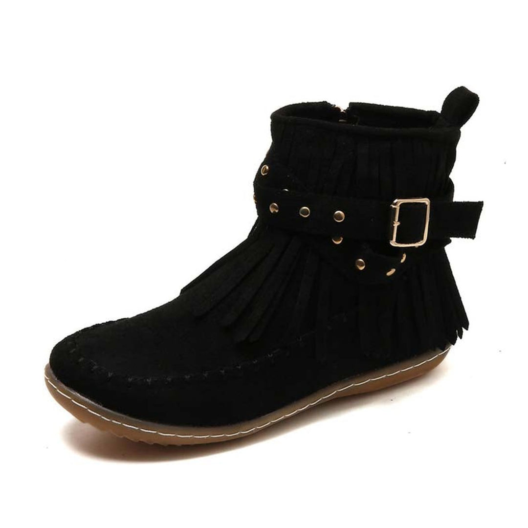 Women's Boho Fringed Studded Ankle Heeled Boots Flat Moccasin