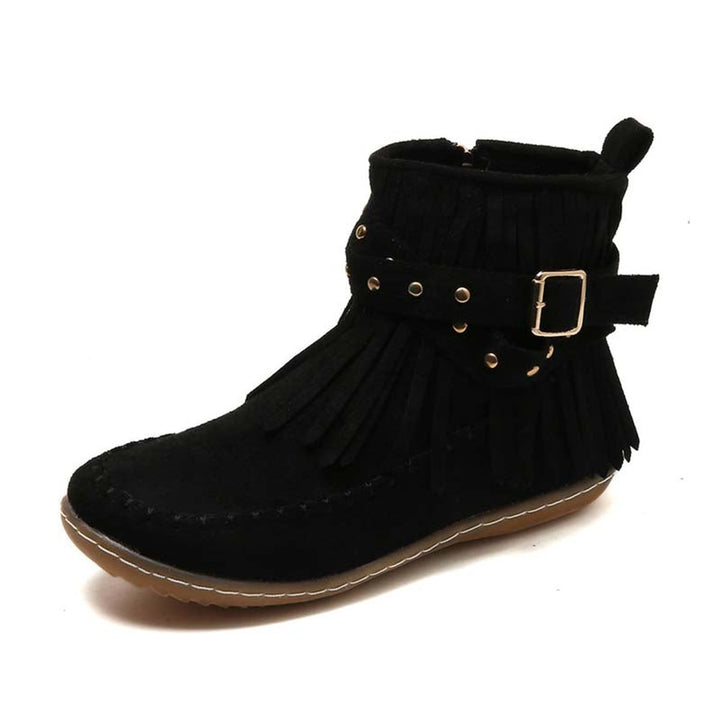 Women's Boho Fringed Studded Ankle Heeled Boots Flat Moccasin