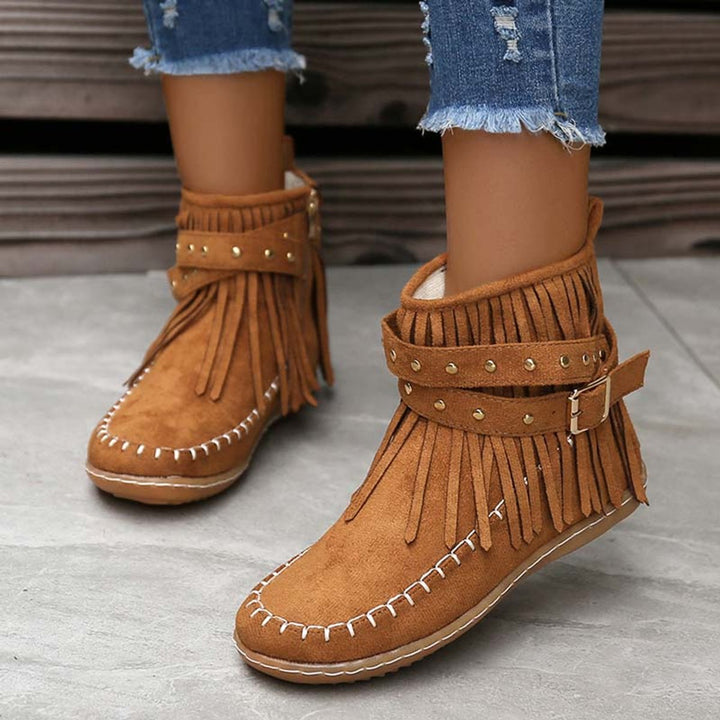 Women's Boho Fringed Studded Ankle Heeled Boots Flat Moccasin