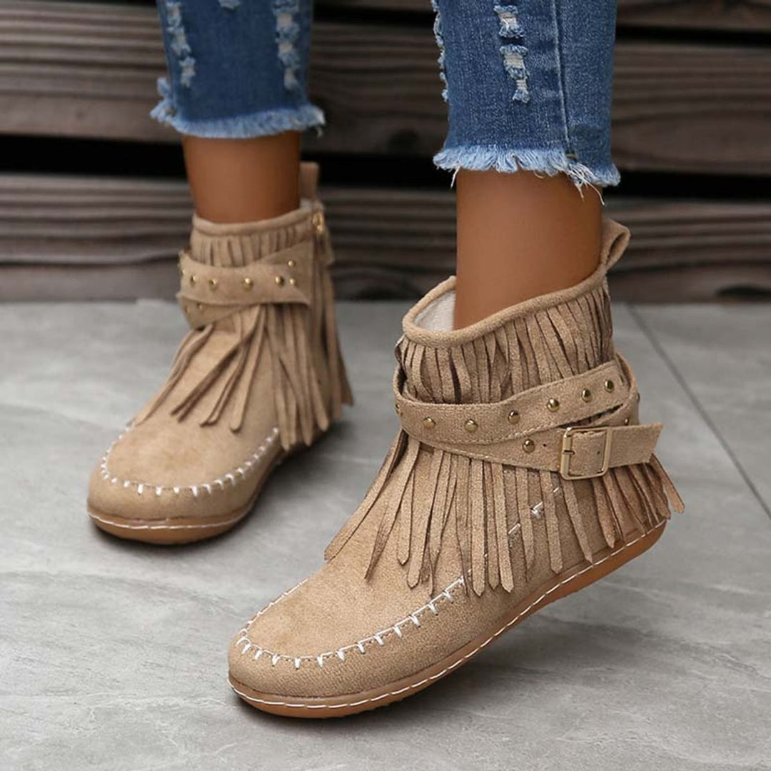 Women's Boho Fringed Studded Ankle Heeled Boots Flat Moccasin
