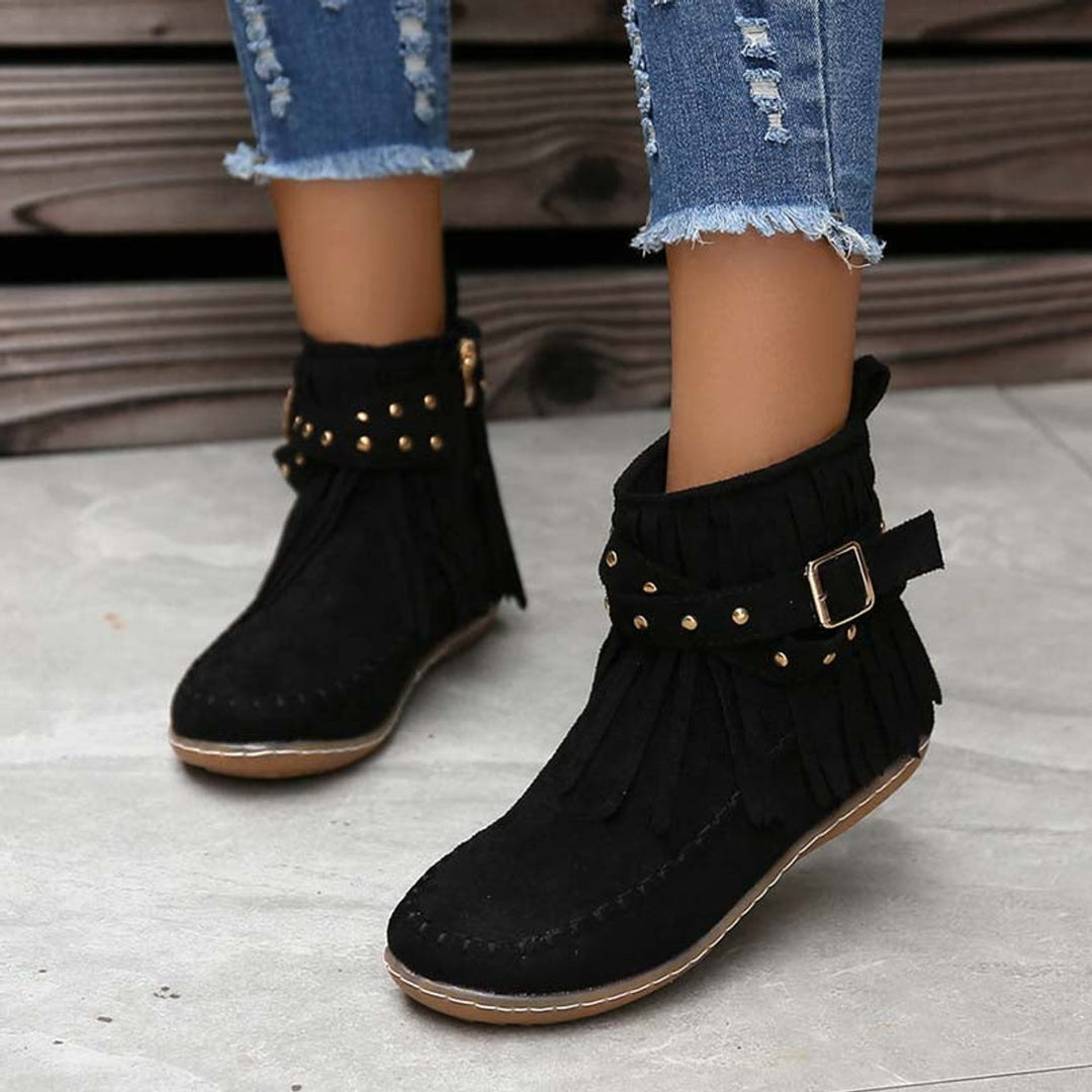 Women's Boho Fringed Studded Ankle Heeled Boots Flat Moccasin