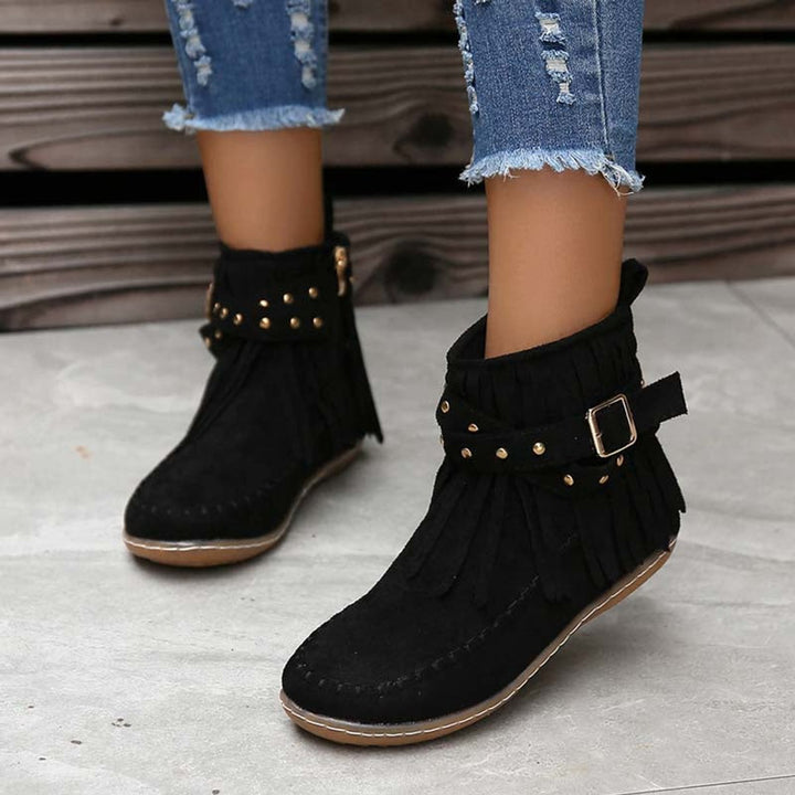 Women's Boho Fringed Studded Ankle Heeled Boots Flat Moccasin