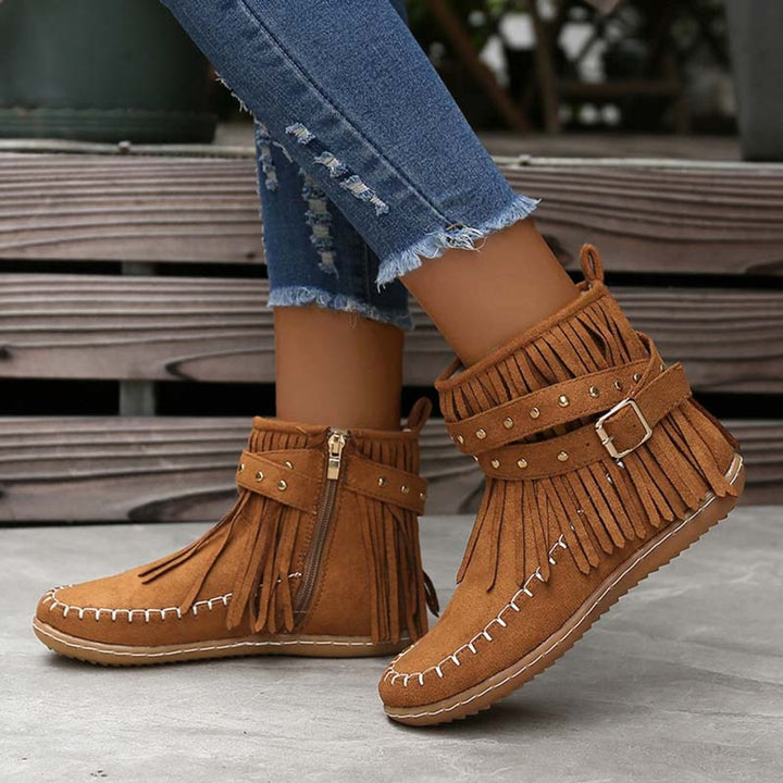 Women's Boho Fringed Studded Ankle Heeled Boots Flat Moccasin