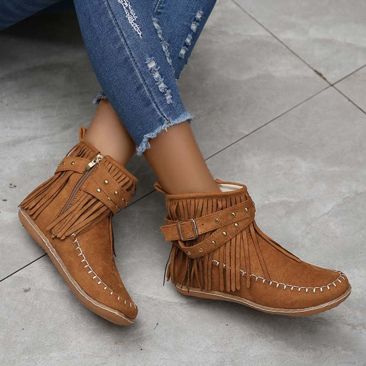 Women's Boho Fringed Studded Ankle Heeled Boots Flat Moccasin
