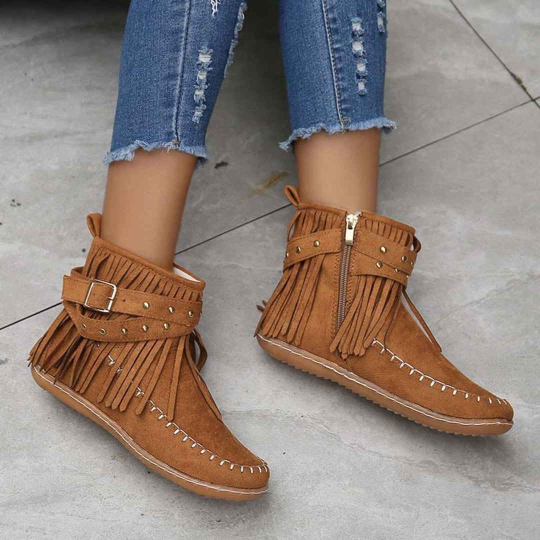 Women's Boho Fringed Studded Ankle Heeled Boots Flat Moccasin
