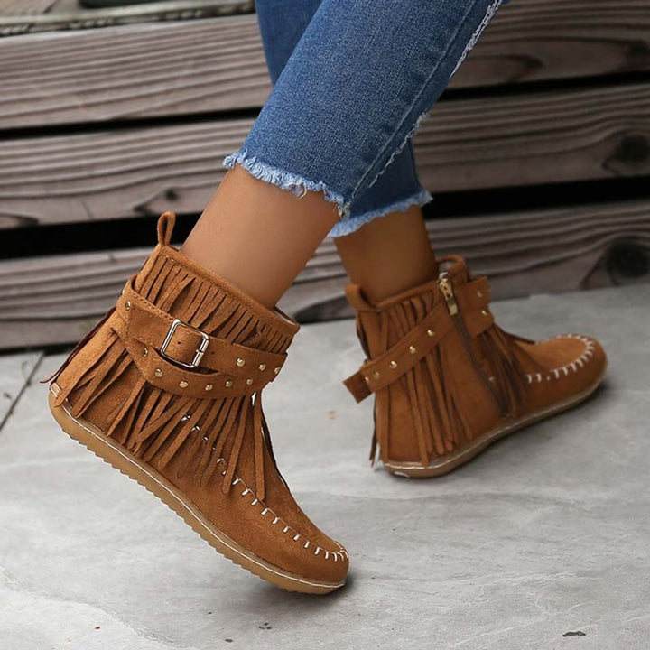 Women's Boho Fringed Studded Ankle Heeled Boots Flat Moccasin