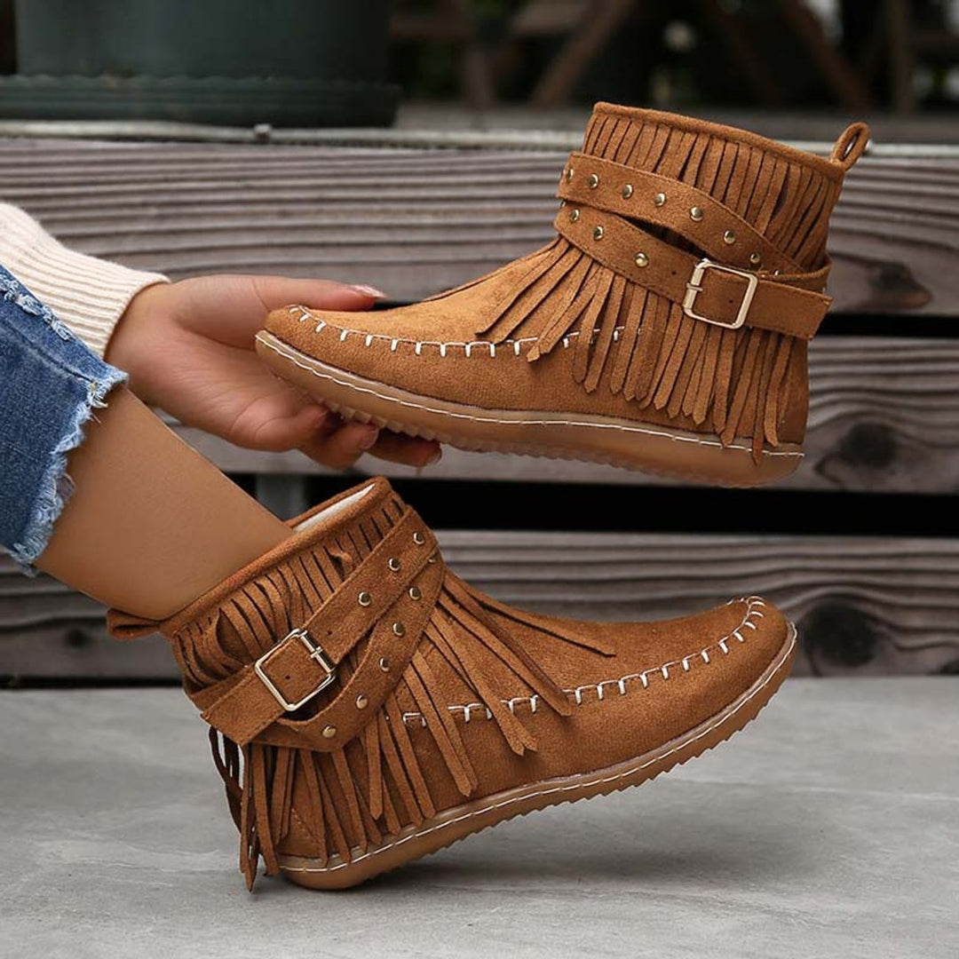 Women's Boho Fringed Studded Ankle Heeled Boots Flat Moccasin