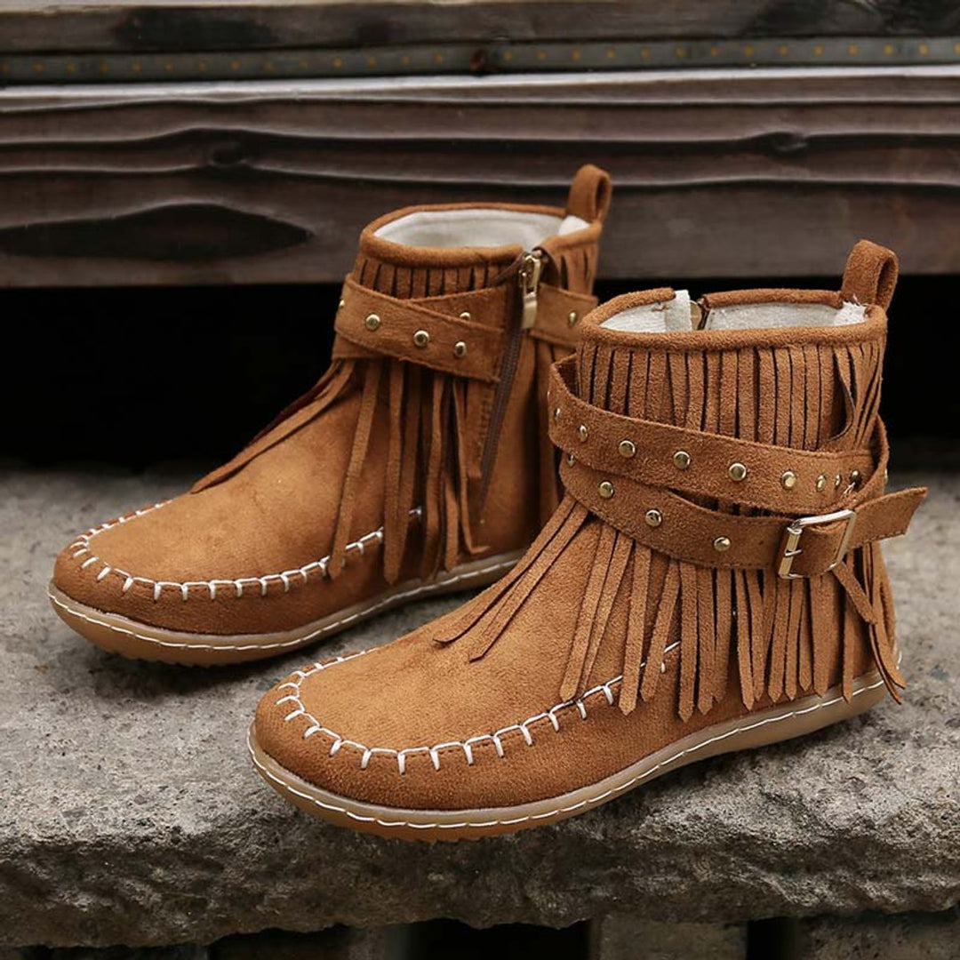 Women's Boho Fringed Studded Ankle Heeled Boots Flat Moccasin