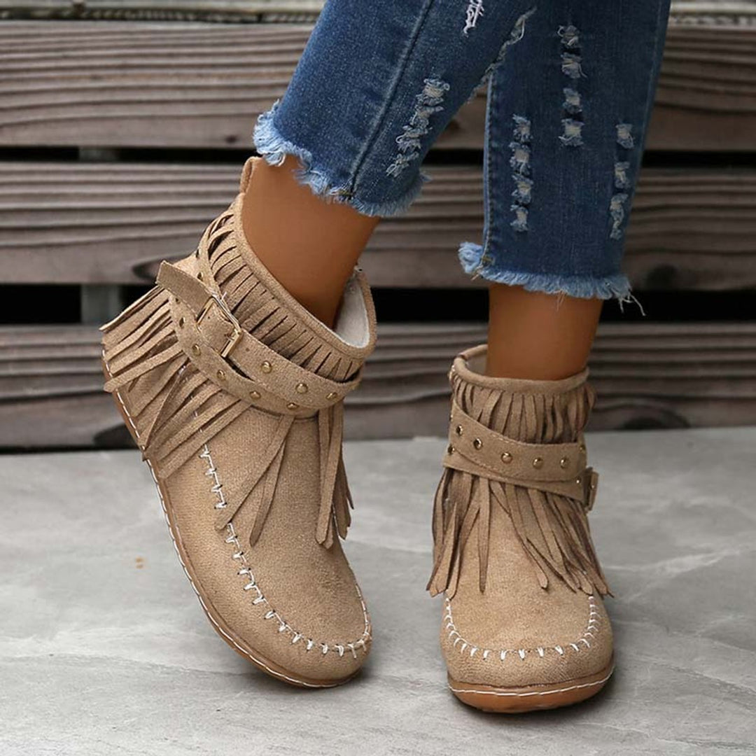 Women's Boho Fringed Studded Ankle Heeled Boots Flat Moccasin