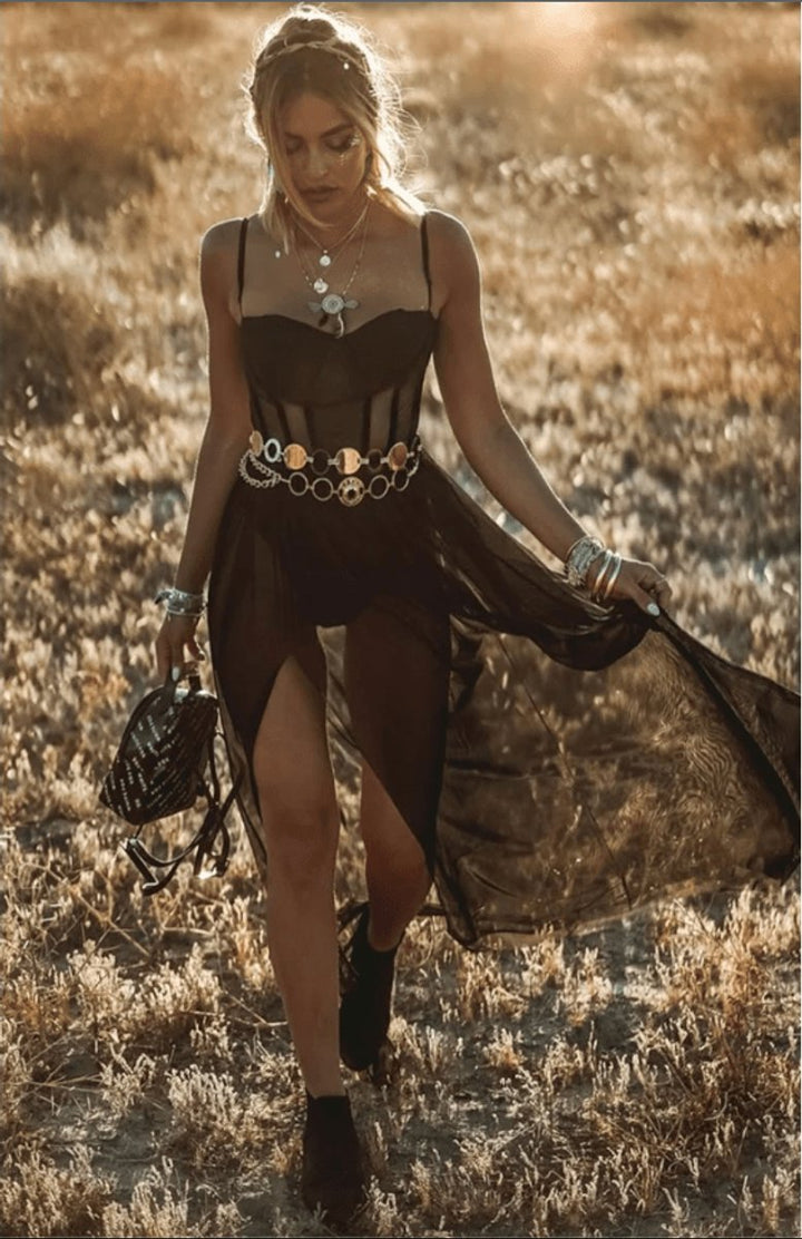 Women's Boho Sheer Overlay Cocktail Party Dress