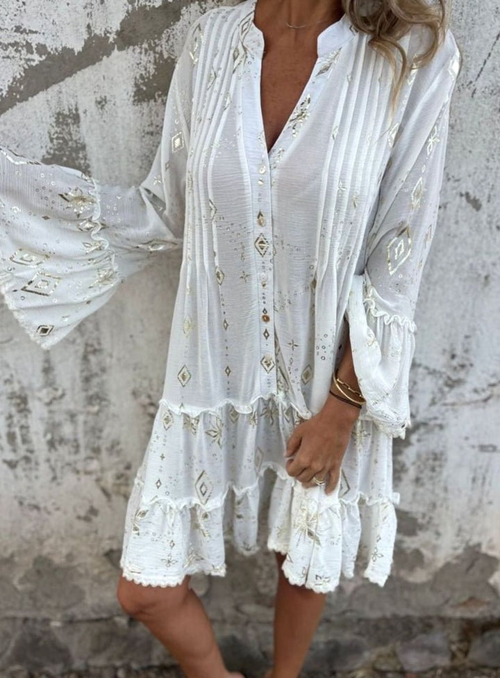 Women's Boho Tiered V-Neck Bell-Sleeve Mini Dress