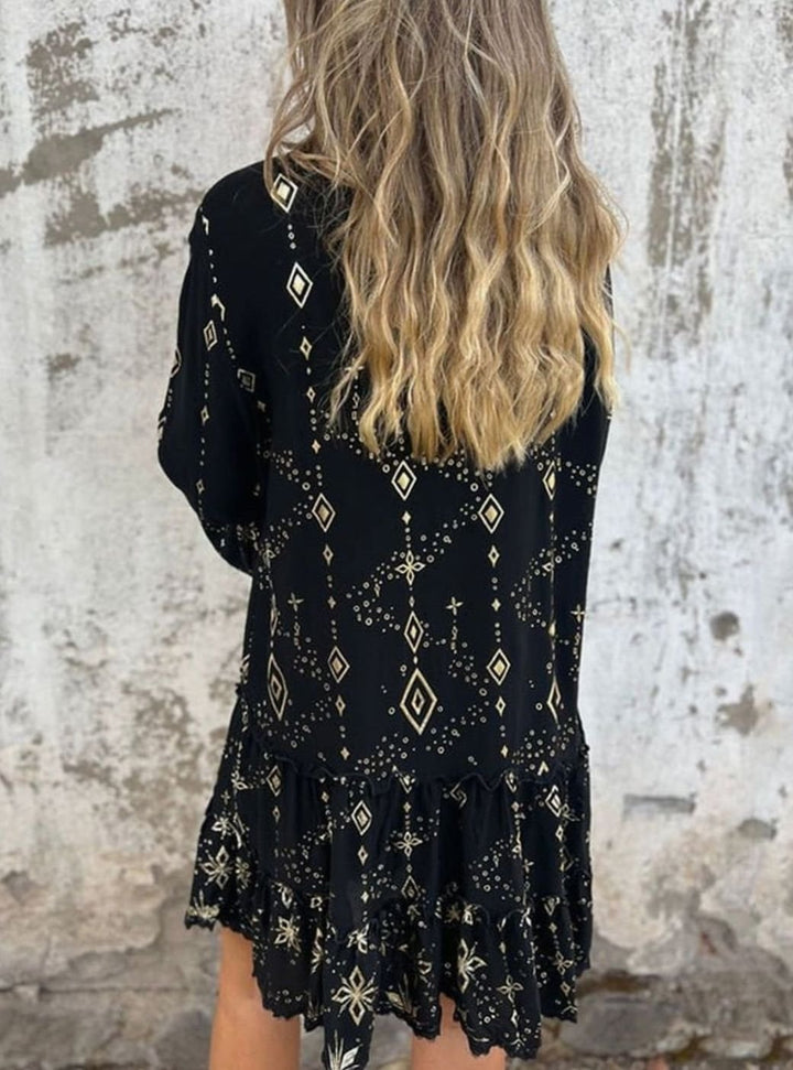 Women's Boho Tiered V-Neck Bell-Sleeve Mini Dress