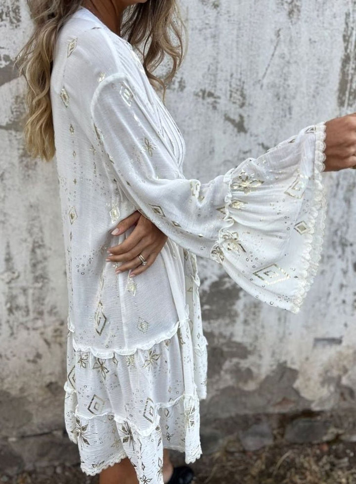 Women's Boho Tiered V-Neck Bell-Sleeve Mini Dress