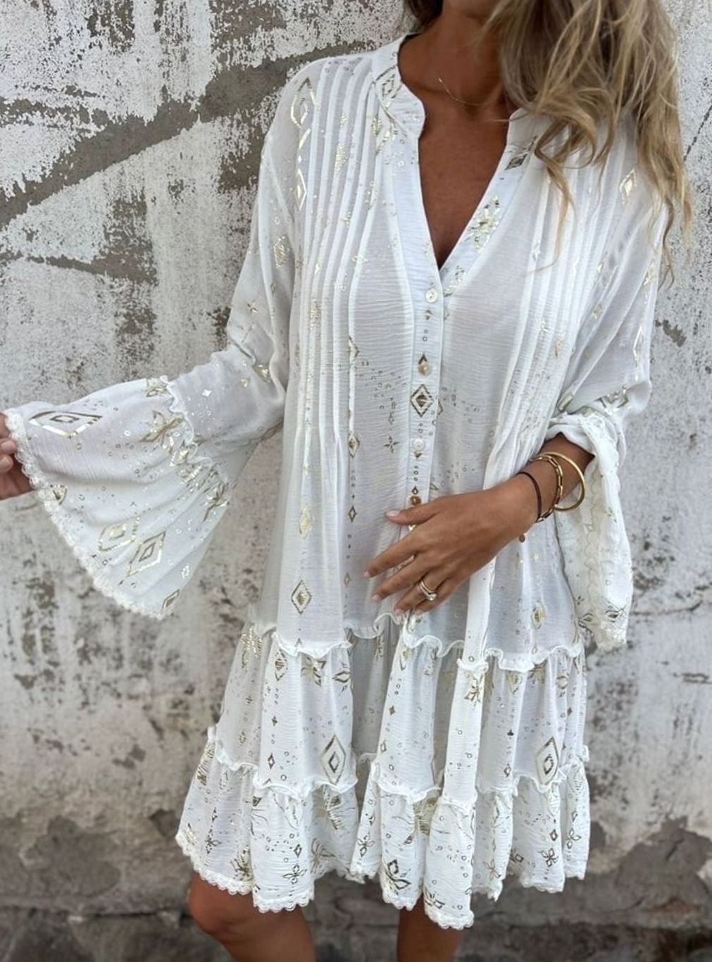 Women's Boho Tiered V-Neck Bell-Sleeve Mini Dress