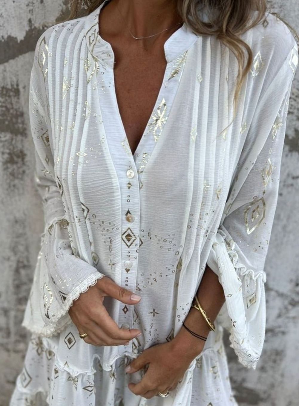 Women's Boho Tiered V-Neck Bell-Sleeve Mini Dress