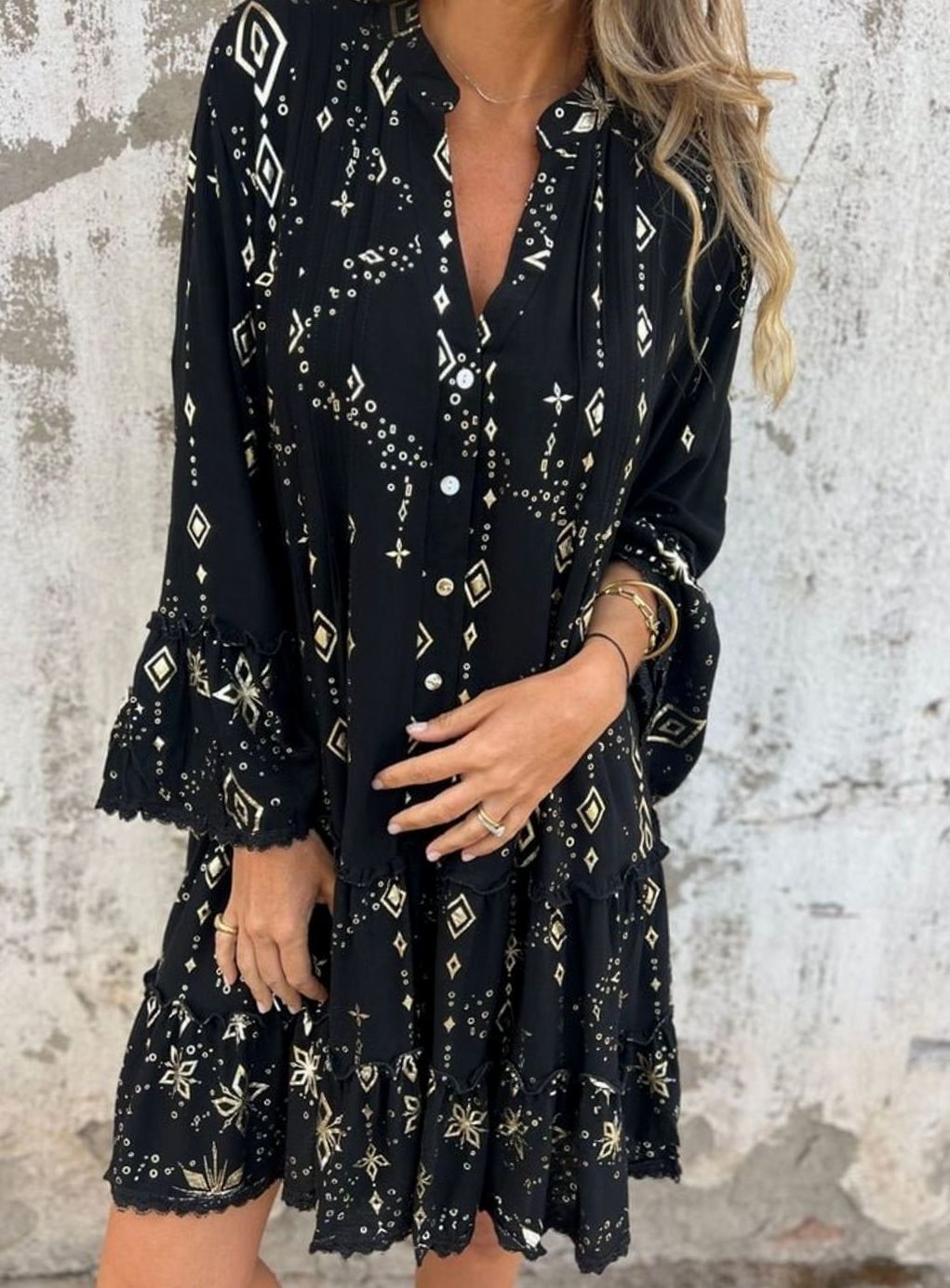 Women's Boho Tiered V-Neck Bell-Sleeve Mini Dress