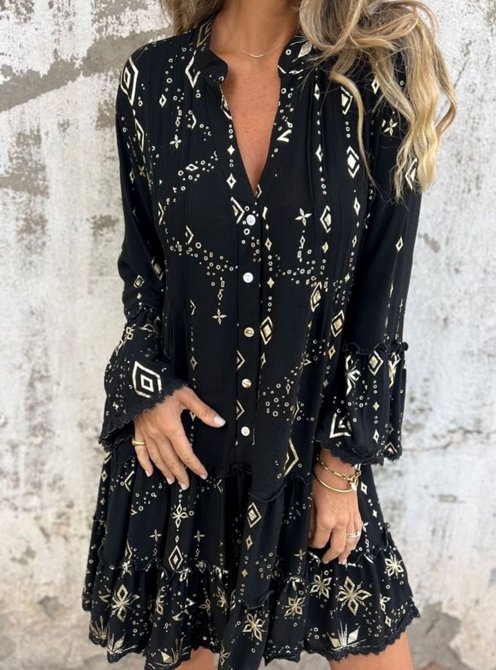 Women's Boho Tiered V-Neck Bell-Sleeve Mini Dress