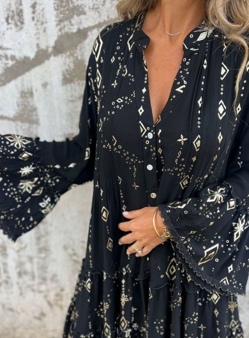 Women's Boho Tiered V-Neck Bell-Sleeve Mini Dress