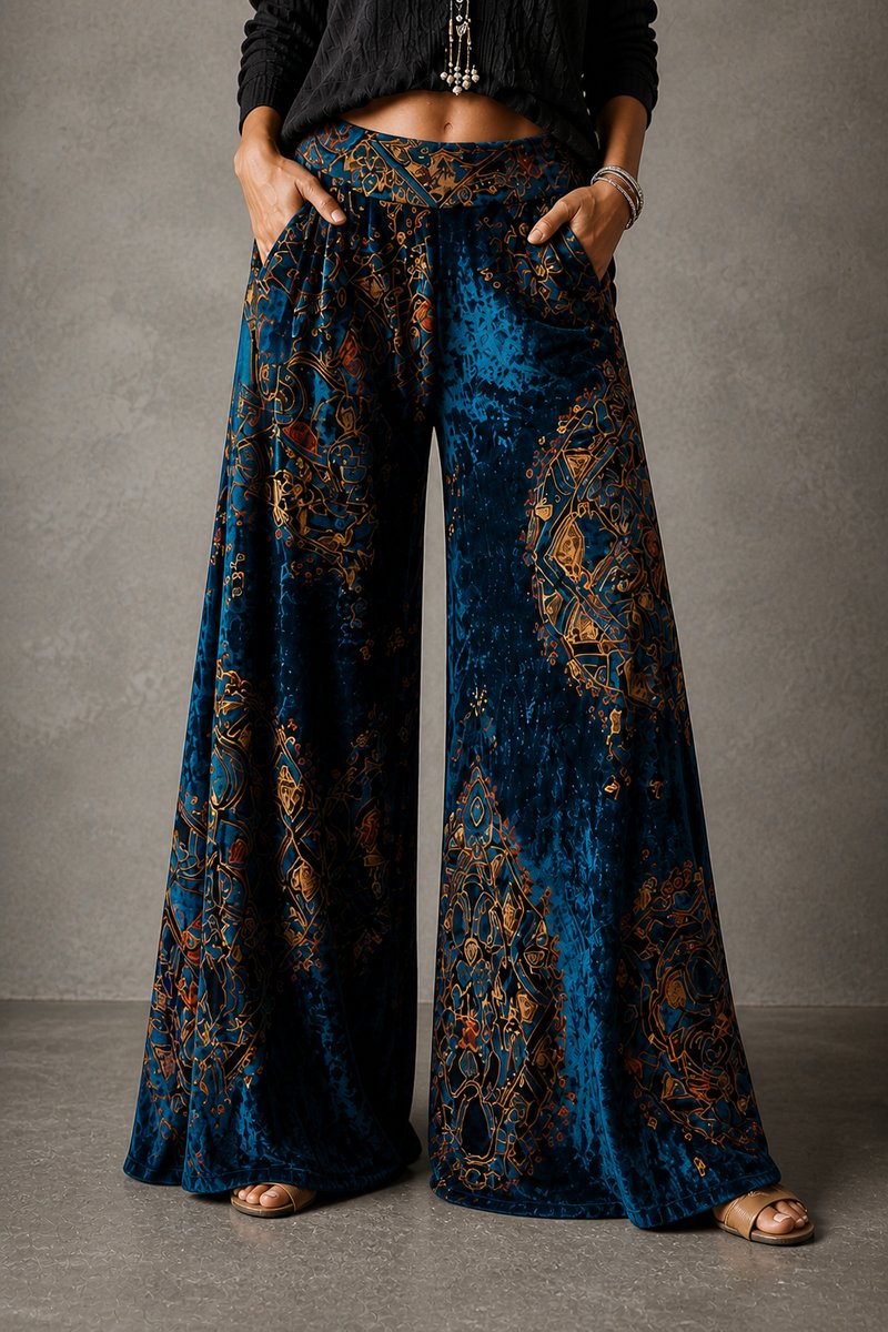 Women's Boho Velvet High-Waist Wide Leg Trousers Elasticated Waistband