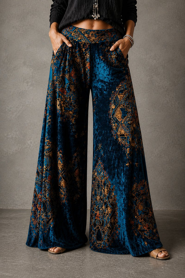 Women's Boho Velvet High-Waist Wide Leg Trousers Elasticated Waistband
