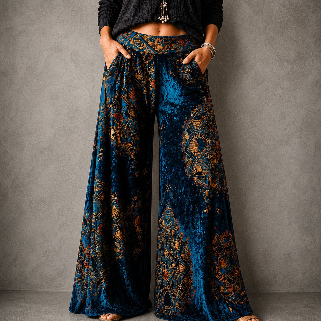 Women's Boho Velvet High-Waist Wide Leg Trousers Elasticated Waistband
