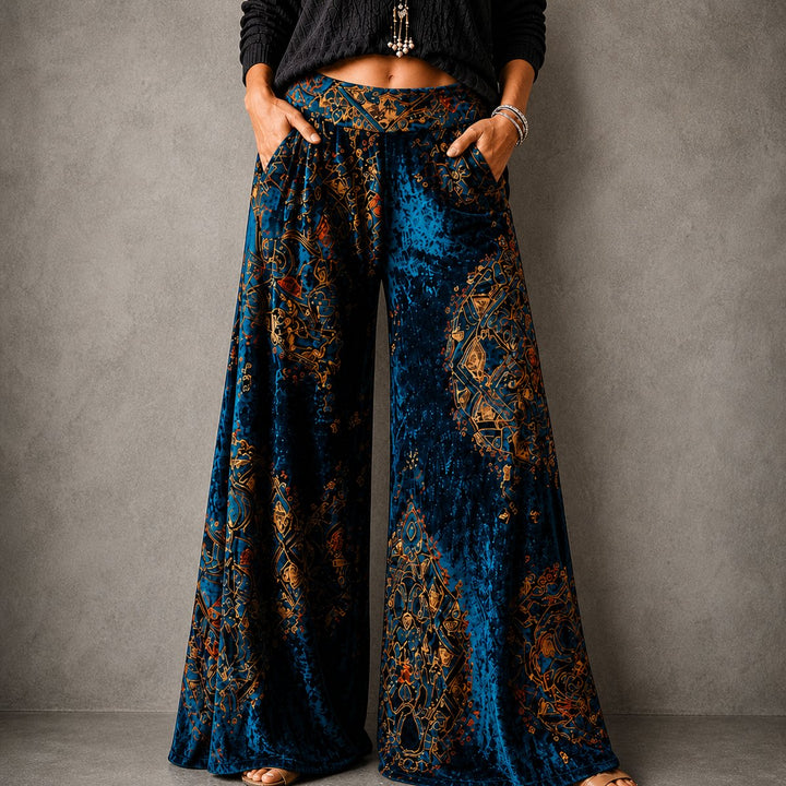 Women's Boho Velvet High-Waist Wide Leg Trousers Elasticated Waistband