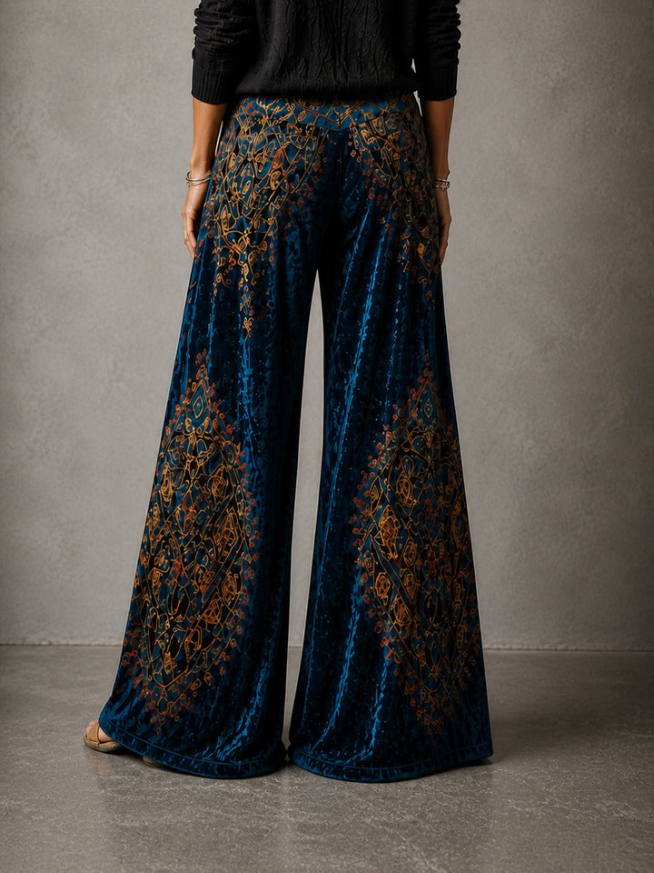 Women's Boho Velvet High-Waist Wide Leg Trousers Elasticated Waistband