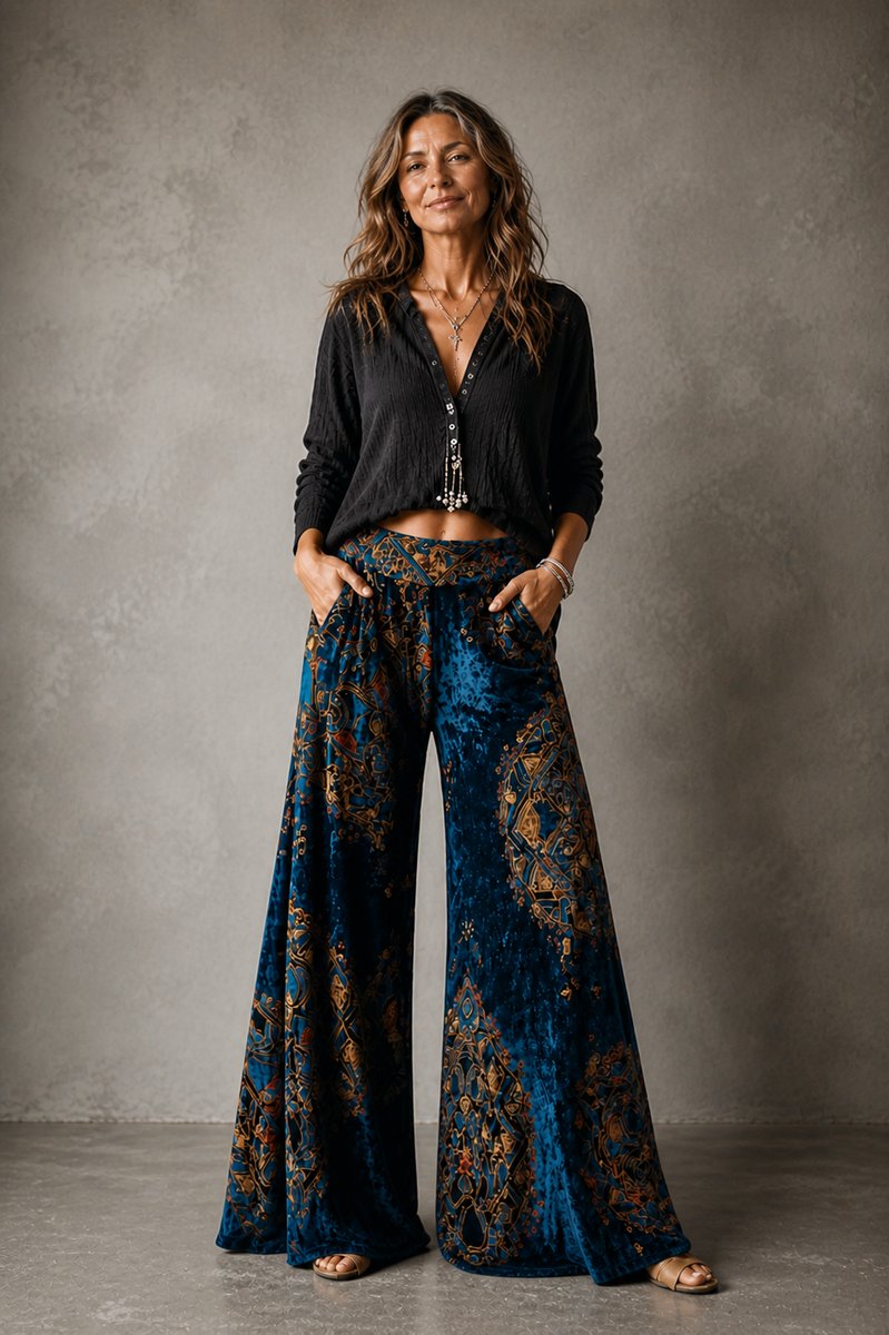 Women's Boho Velvet High-Waist Wide Leg Trousers Elasticated Waistband