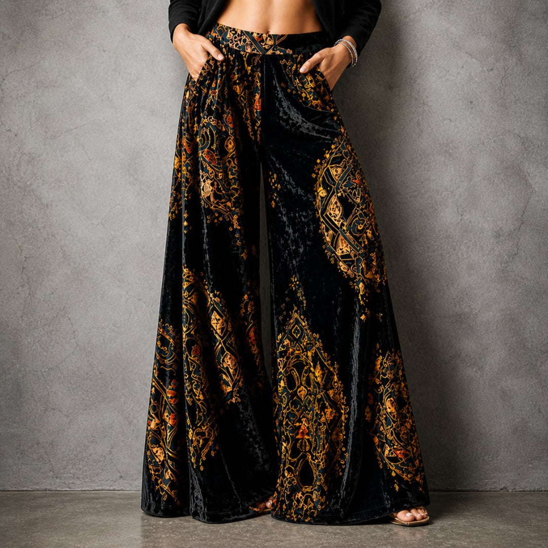 Women's Boho Velvet High-Waist Wide Leg Trousers Elasticated Waistband