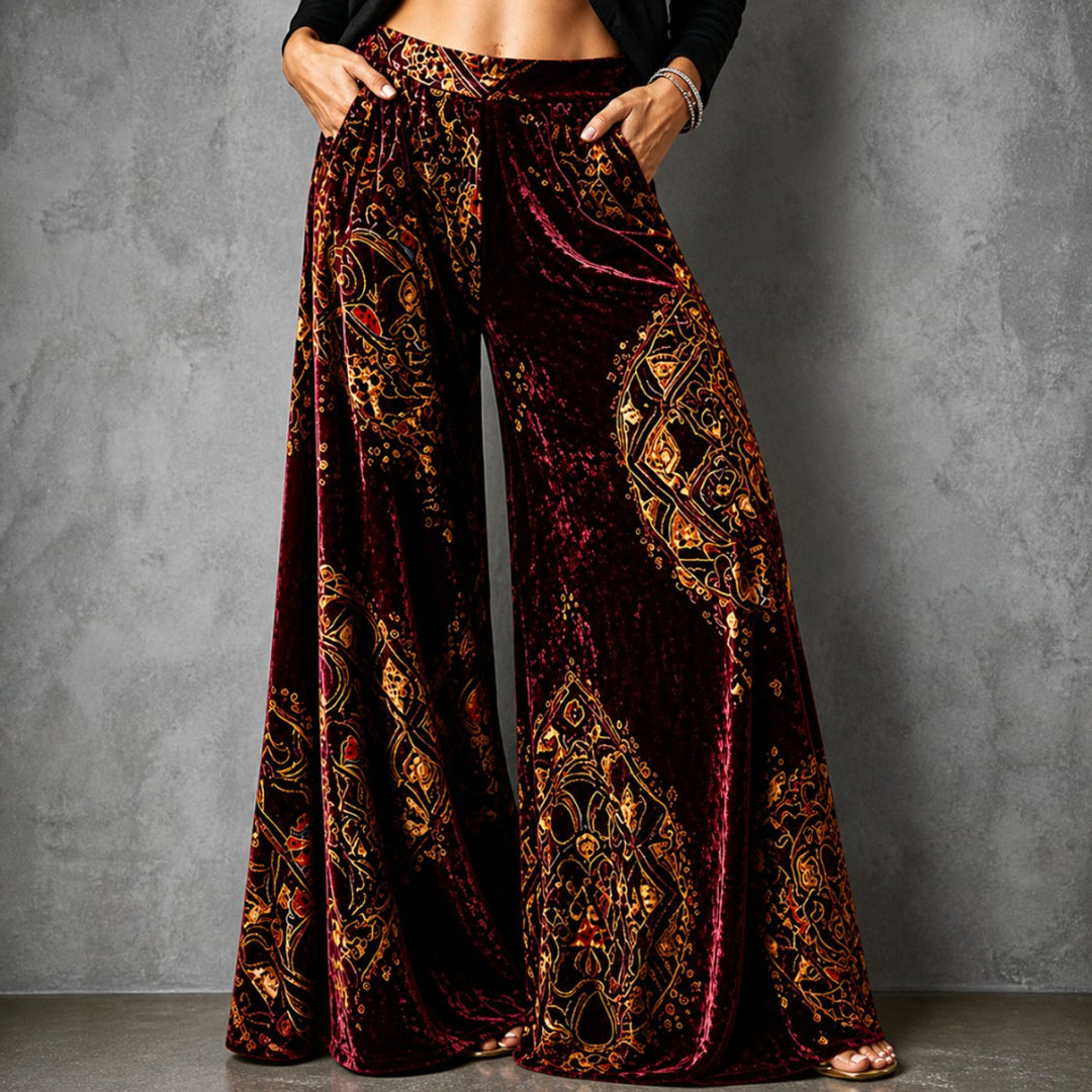 Women's Boho Velvet High-Waist Wide Leg Trousers Elasticated Waistband