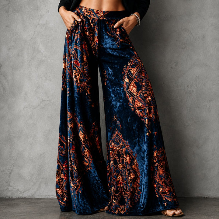 Women's Boho Velvet High-Waist Wide Leg Trousers Elasticated Waistband