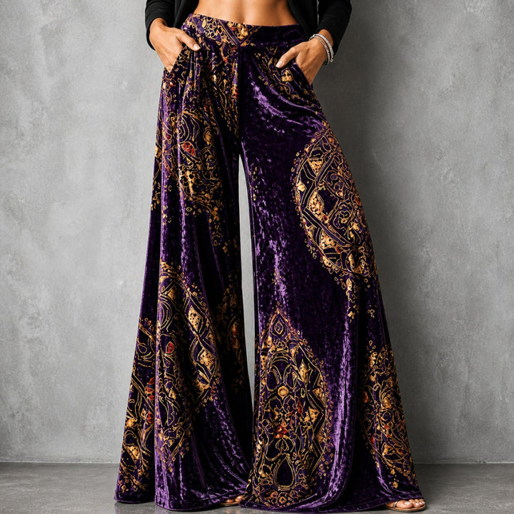 Women's Boho Velvet High-Waist Wide Leg Trousers Elasticated Waistband