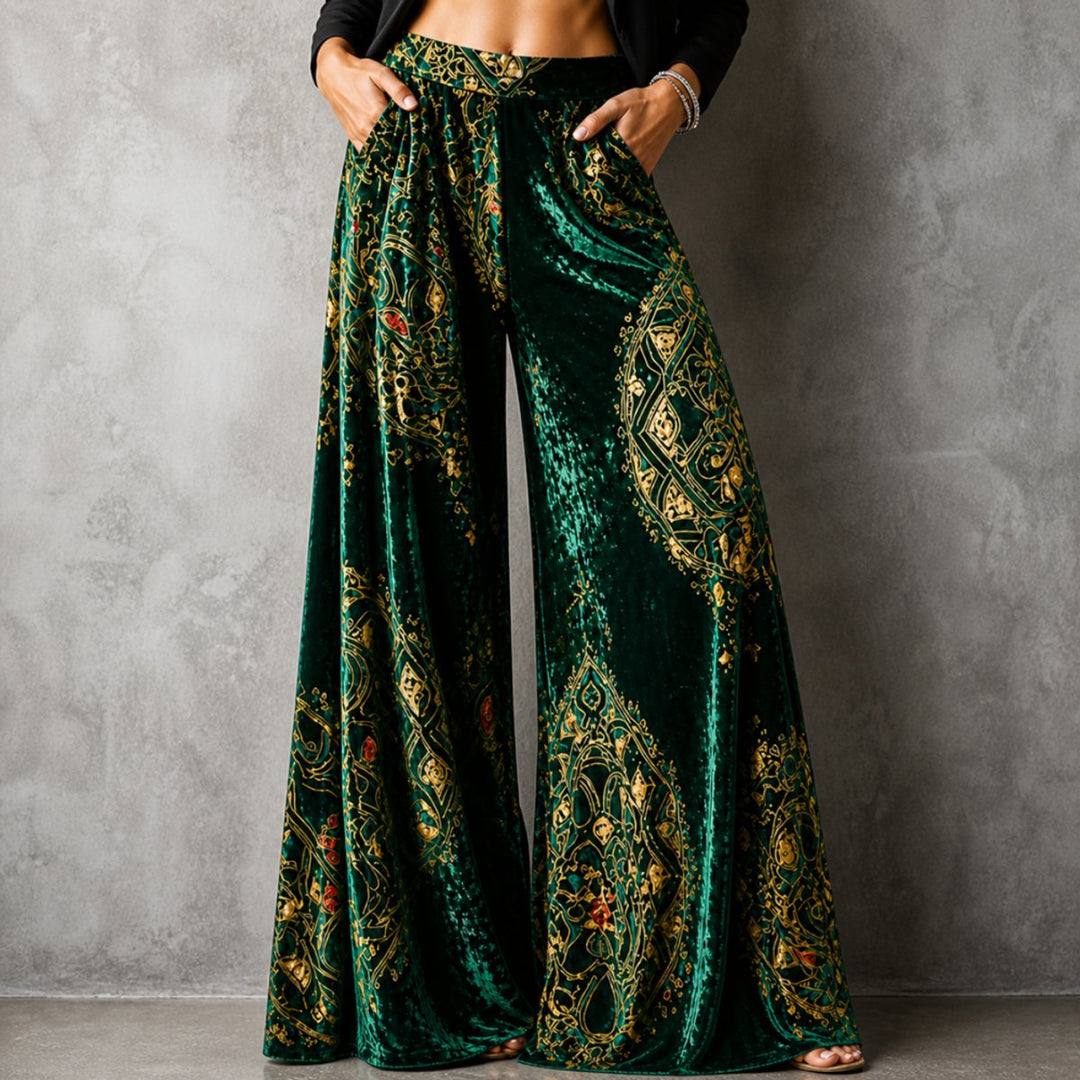Women's Boho Velvet High-Waist Wide Leg Trousers Elasticated Waistband