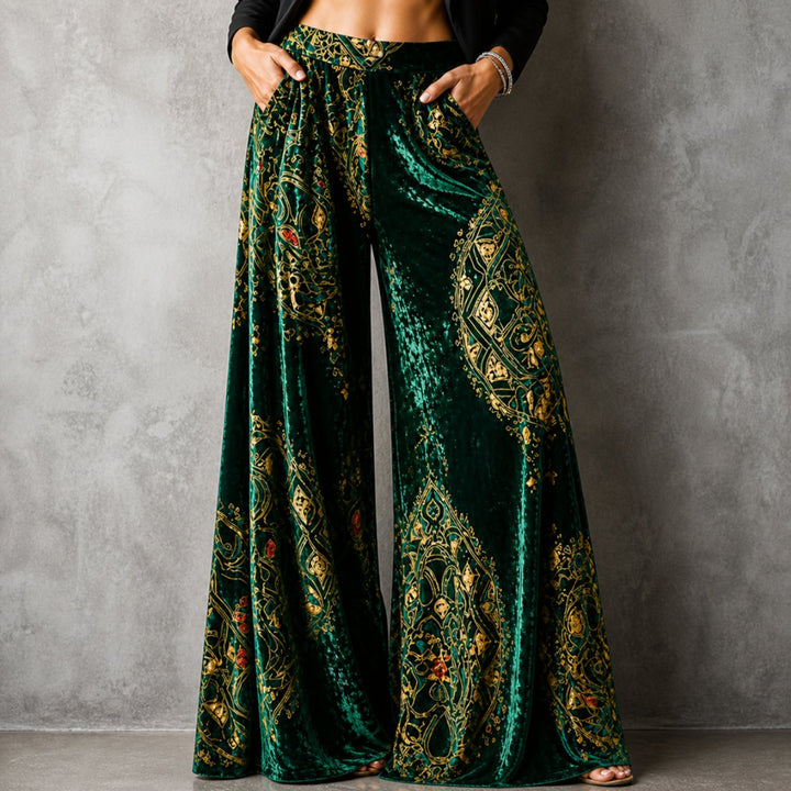 Women's Boho Velvet High-Waist Wide Leg Trousers Elasticated Waistband