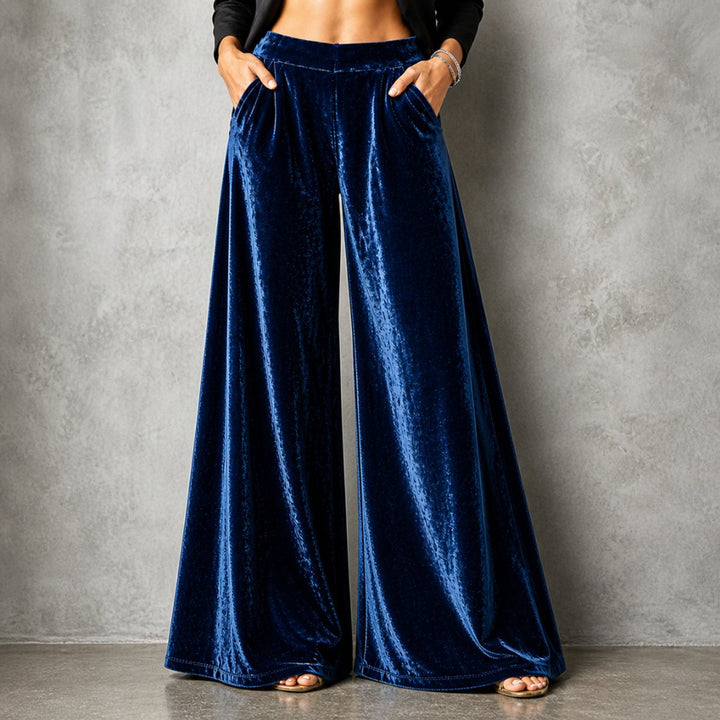 Women's Boho Velvet High-Waist Wide Leg Trousers Elasticated Waistband