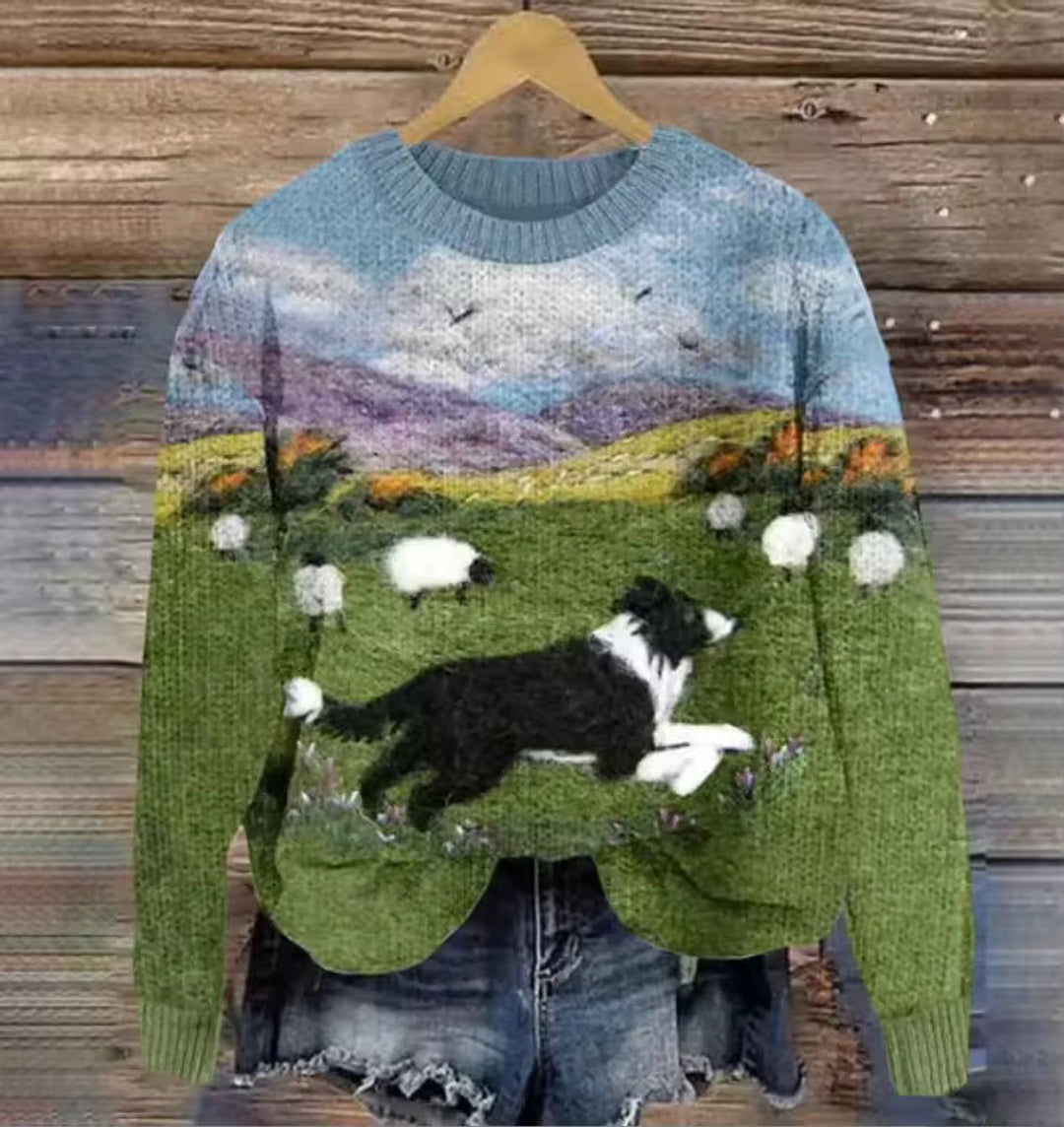 Women's Border Collie Scenic Crew-Neck Knitted Sweater