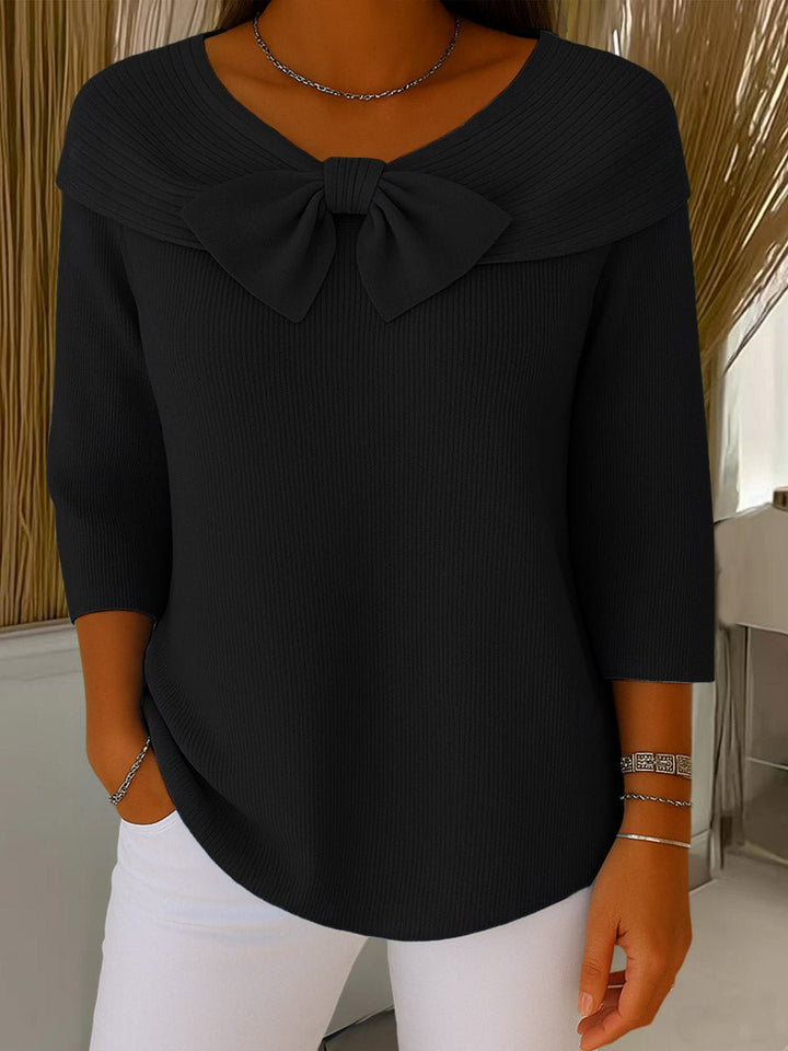 Women's Bow-Detail Three-Quarter Sleeve Ribbed Knitted Sweater