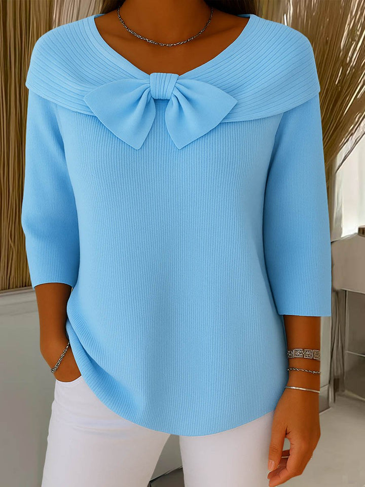 Women's Bow-Detail Three-Quarter Sleeve Ribbed Knitted Sweater
