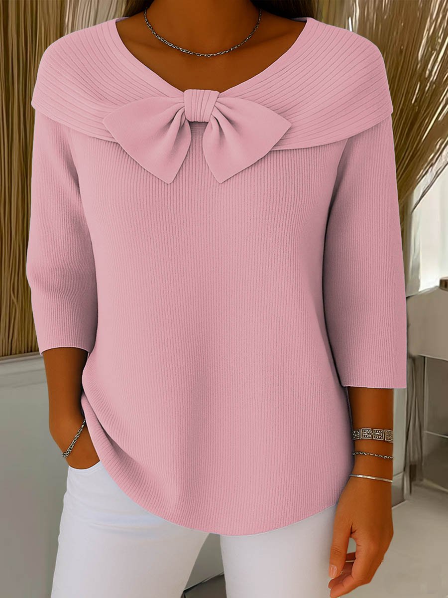 Women's Bow-Detail Three-Quarter Sleeve Ribbed Knitted Sweater
