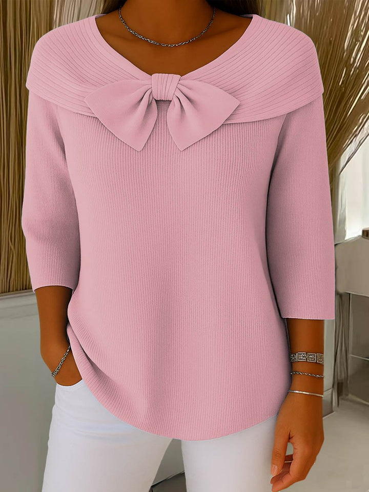 Women's Bow-Detail Three-Quarter Sleeve Ribbed Knitted Sweater