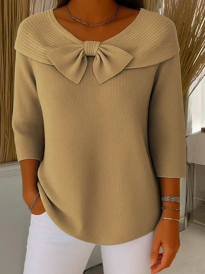 Women's Bow-Detail Three-Quarter Sleeve Ribbed Knitted Sweater